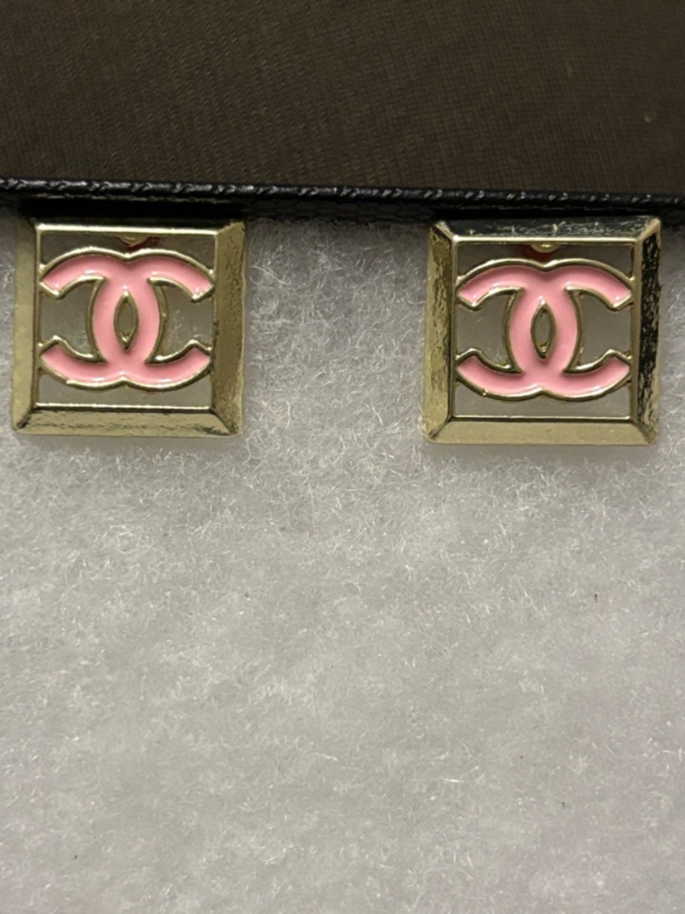 CC Gold-Tone Square Stud Earrings with Pink Enamel Logo